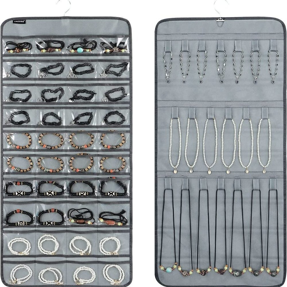 Dual-sided Hanging Jewelry Make Up with 40 Pockets 20 Hook Loops Organizatio…